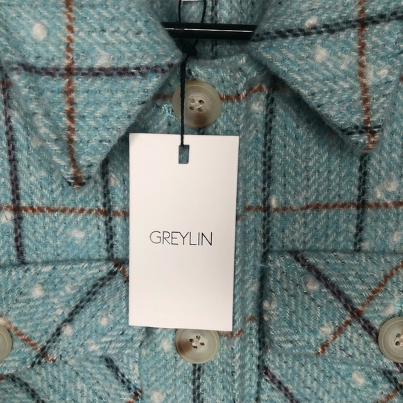 NWT Greylin Sammy Puff Sleeve Shacket Powder Blue Check Print Size L Wool Blend - Picture 7 of 16